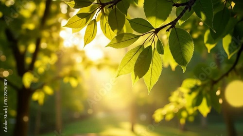 Lush green leaves catching sunlight in serene forest setting  