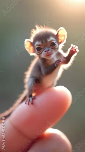 Tiny primate perched on a fingertip, backlit by warm sunlight