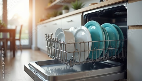 Open dishwasher with clean dishes in the kitchen