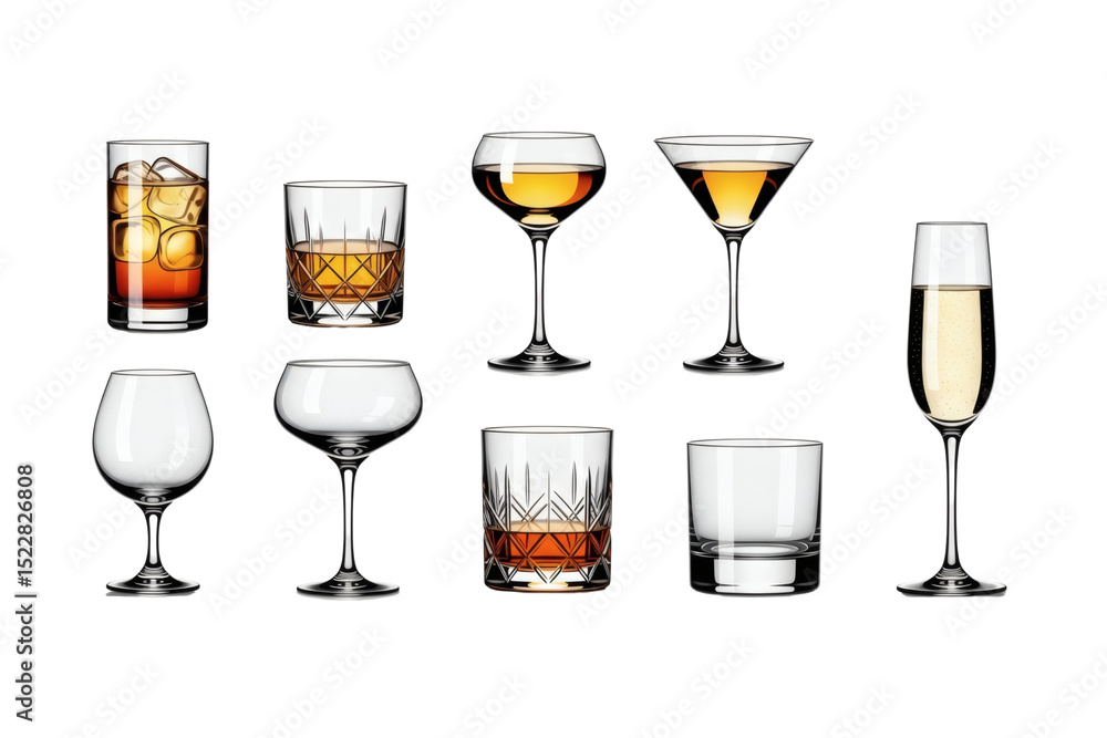 Elegant collection of cocktail glasses isolated on black background for bar design Elegant collection of cocktail glasses isolated on black background for bar design