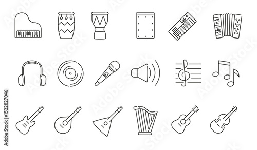 Blackandwhite line art depicts musical instruments  sound elements