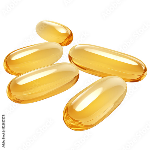 Closeup of multiple fish oil capsules showcasing their shiny, golden appearance, reflecting light beautifully