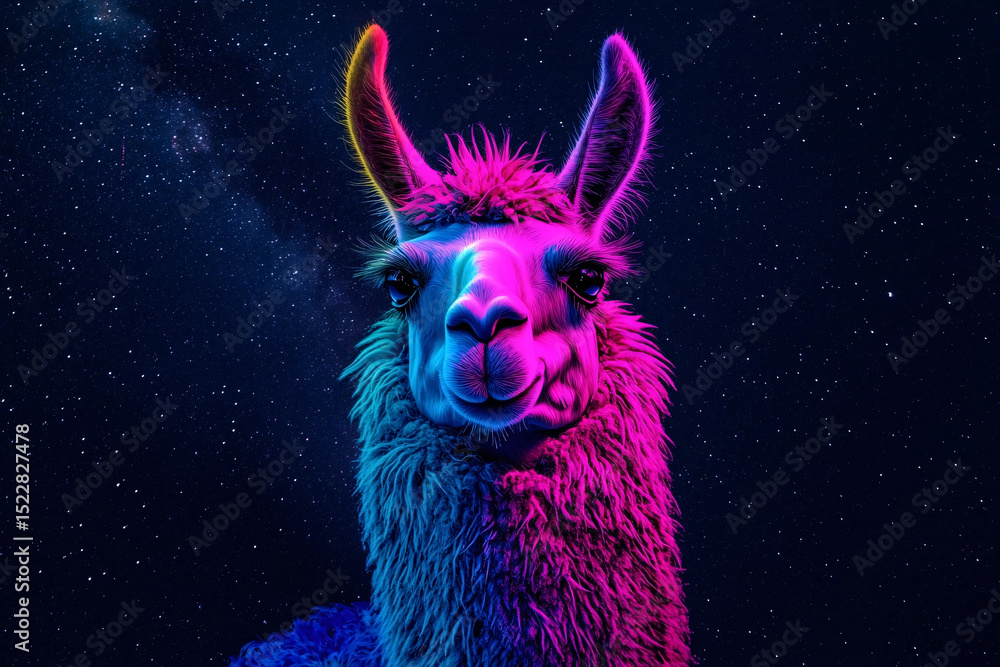 Fototapeta premium A neon llama portrait against a mesmerizing starry night backdrop.