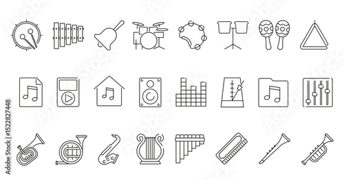 Collection of outlinestyle music instrument and audiorelated icons arranged in rows on a white background