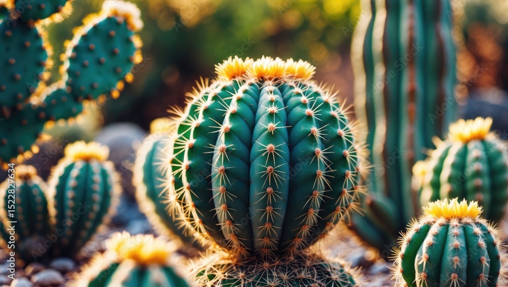 Obraz premium Cactus Ball Echinocactus Grusonii in the garden, succulents, golden barrel cactus close-up with empty space for text