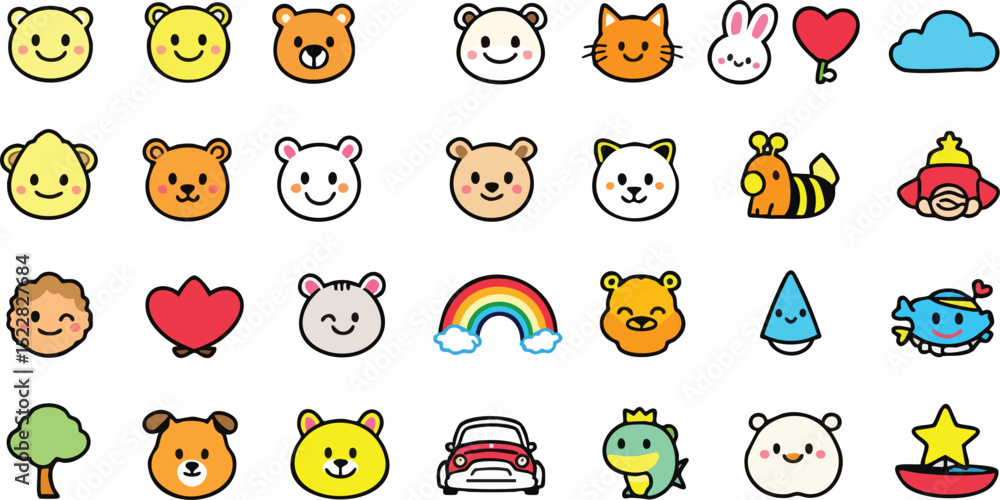 Fototapeta premium Collection of adorable cartoon animals and elements in a colorful and playful design.