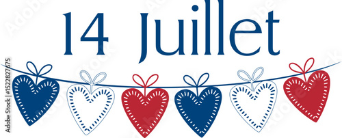 14 Juillet, fête nationale, guirlande tricolore bleu, blanc, rouge, avec des cœurs