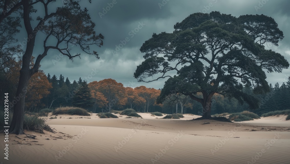 Obraz premium A beautiful landscape view of trees and sand with a cloudy sky.