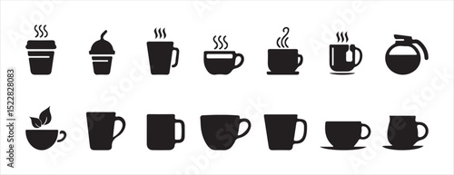 Set of Black Coffee Cup Icons with Steam – Vector Silhouettes of Hot Beverages. Victor illustration eps 10