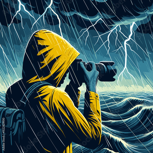 Photographer in raincoat taking pictures during storm, deep blue vector