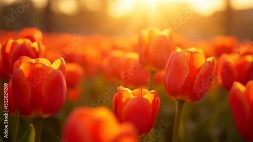 Orange tulips blooming in sunlight during spring season  