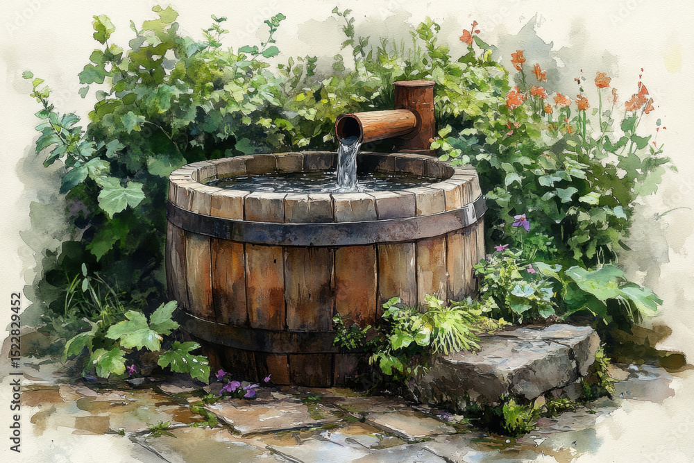Watercolor painting: Wooden barrel with fountain. Watercolor painting: Wooden barrel with fountain.