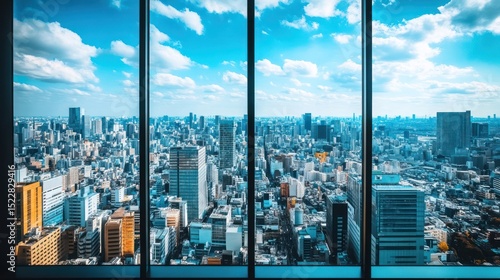 Panoramic city view through modern windows