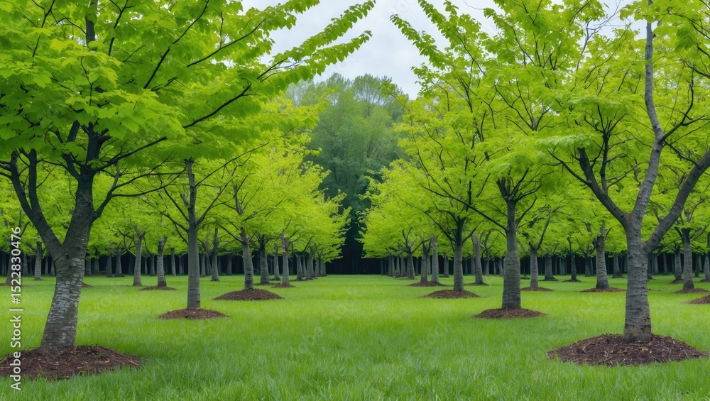 A Beautiful Deciduous Green Tree Plantation with Empty Copy Space For Text A Beautiful Deciduous Green Tree Plantation with Empty Copy Space For Text