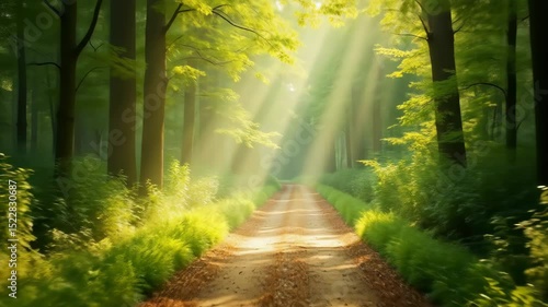 Serene forest pathway illuminated by sunlight during summer  