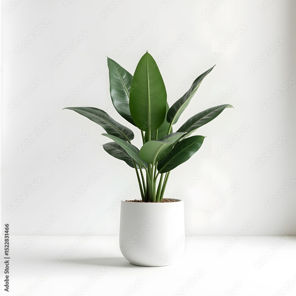 Minimalist Tropical Indoor Plant in White Ceramic Pot on White Background Minimalist Tropical Indoor Plant in White Ceramic Pot on White Background