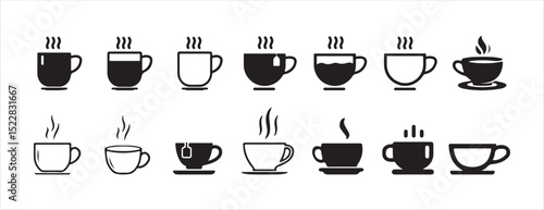 Set of Black Coffee Cup Icons with Steam – Vector Silhouettes of Hot Beverages. Victor illustration eps 10