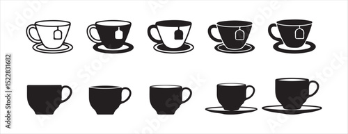 Set of Black Coffee Cup Icons with Steam – Vector Silhouettes of Hot Beverages. Victor illustration eps 10