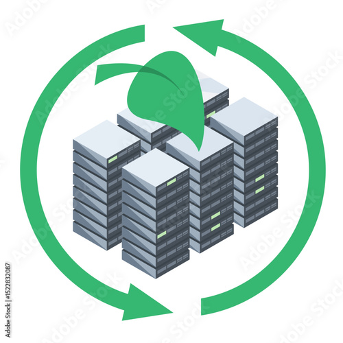 Eco friendly data center with green energy concept showing server racks surrounded by recycling arrows and a leaf symbol for sustainable technology
