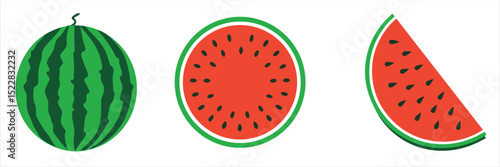 Watermelon vector, Watermelon slice vector icon, Watermelon summer fruit clipart set. Tropical fruit watermelon drawing vector illustration  on white background 
