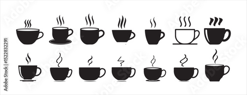 Set of Black Coffee Cup Icons with Steam – Vector Silhouettes of Hot Beverages. Victor illustration eps 10