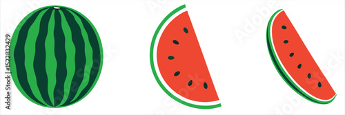 Watermelon vector, Watermelon slice vector icon, Watermelon summer fruit clipart set. Tropical fruit watermelon drawing vector illustration  on white background 
