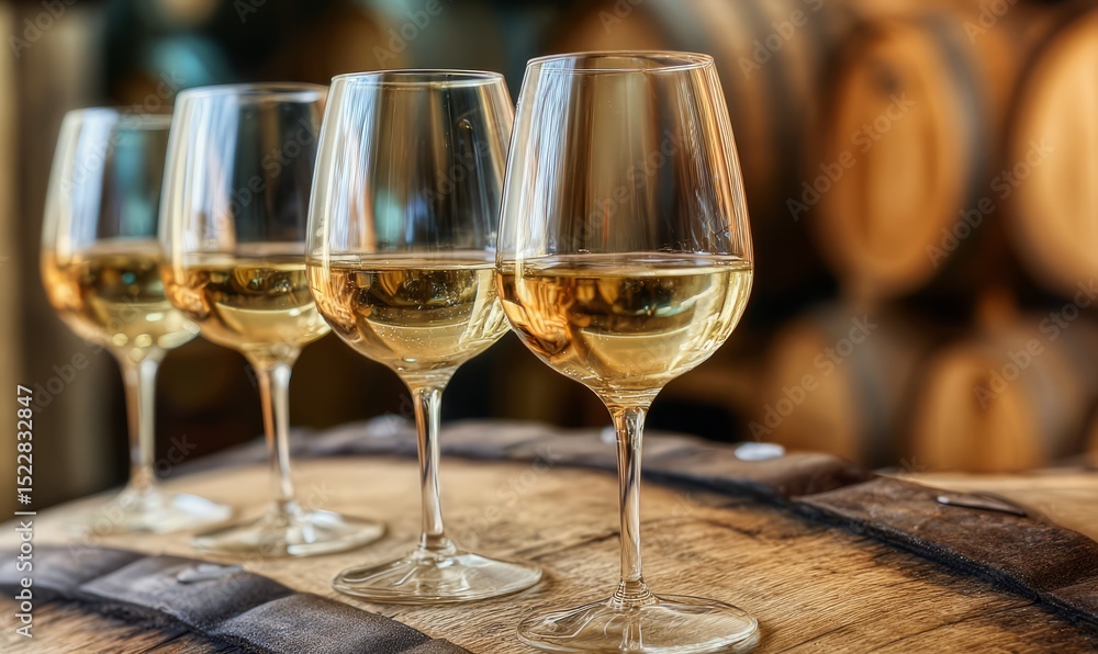 Obraz premium Wine Tasting: Four Glasses of White Wine on Oak Barrel