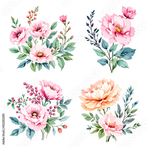 Wild flower set watercolor vector illustration