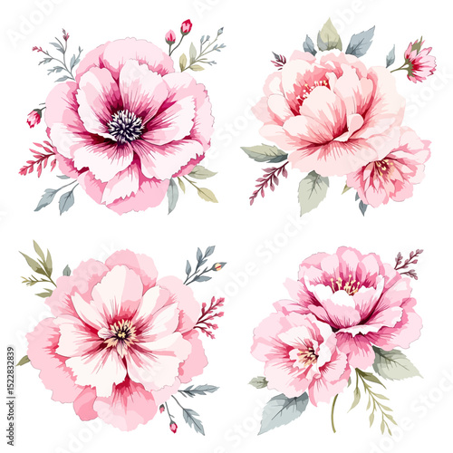 Set of watercolor bouquets with peony flower elements. Collection botanical vector isolated on white background suitable for Wedding Invitation, save the date, thank you, or greeting card.
