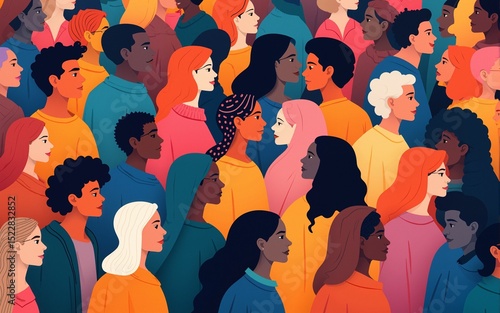 Colorful diverse people crowd abstract art seamless pattern. Multi-ethnic community, big cultural diversity group background illustration in modern collage painting style. High quality