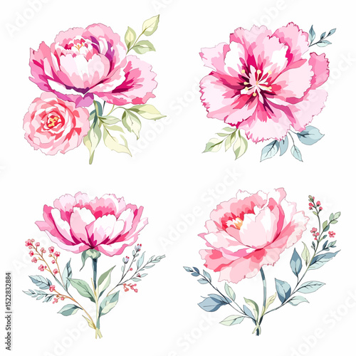 Set of watercolor bouquets with peony flower elements. Collection botanical vector isolated on white background suitable for Wedding Invitation, save the date, thank you, or greeting card.