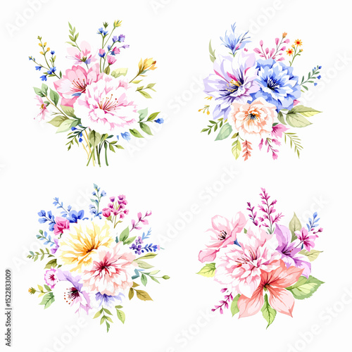 Watercolor pink floral bouquets set. Botanic composition watercolor hand-painted isolated on white background, suitable for card design, wedding, invitations, greeting, Save the date.