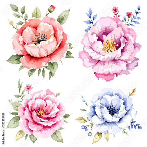 Watercolor pink floral bouquets set. Botanic composition watercolor hand-painted isolated on white background, suitable for card design, wedding, invitations, greeting, Save the date.