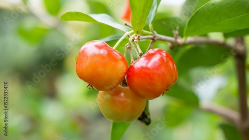 Bright Ripe Surinam Cherries Growing on Tree Branch in Lush Green Garden