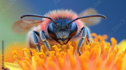 Close-up bee pollinating vibrant flower, soft-focus background