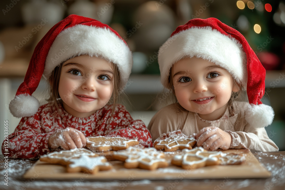 girls in Santa hats making cookies. girls in Santa hats making cookies.
