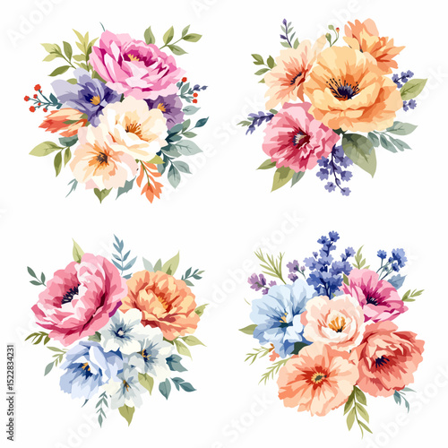 Set watercolor bouquet flowers on white background	