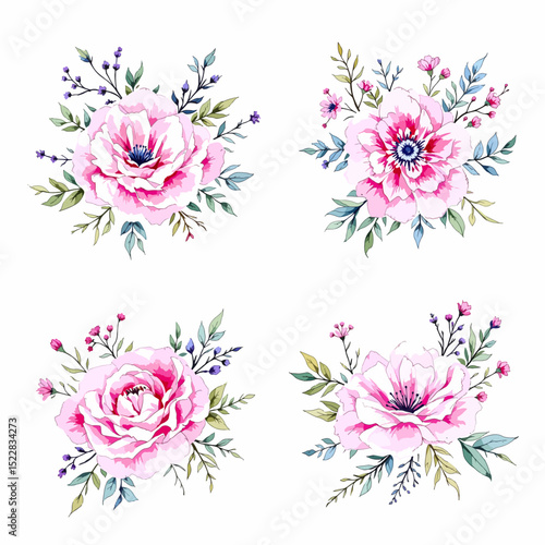 Pink floral vector design with blooming spring plants and decorative leaves