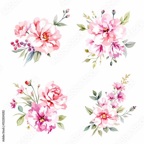 Pink floral vector design with blooming lilies and leaves in a spring garden background