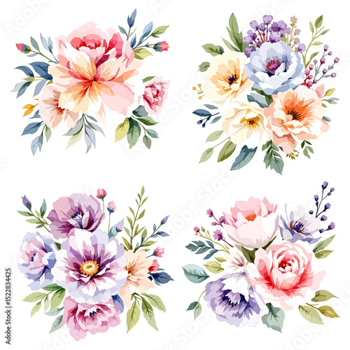 Watercolor Colorful flowers and buds and green leaves Illustrations 
