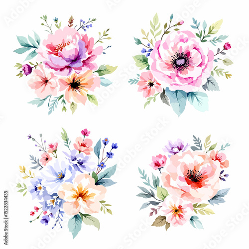 Watercolor Colorful flowers and buds and green leaves Illustrations 