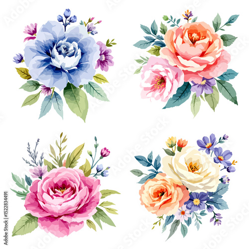 Watercolor Colorful flowers and buds and green leaves Illustrations 