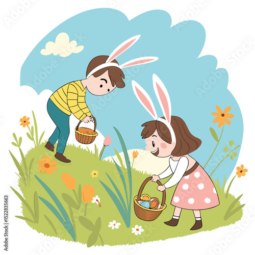 Joyful easter egg hunt kids in sunny meadow fun eggs happy grass bunny spring family nature basket