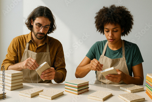 Bookbinders binding handmade notebooks in workshop