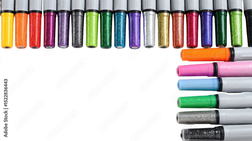 Obraz premium Colorful glitter pens are neatly arranged on a transparent background, forming a vibrant and creative border, ideal for design projects requiring a touch of sparkle and color