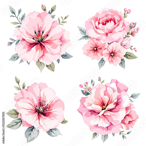 Set watercolor bouquet pink flowers on white background	