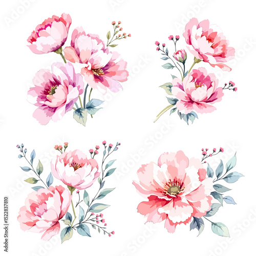 Set watercolor bouquet pink flowers on white background	