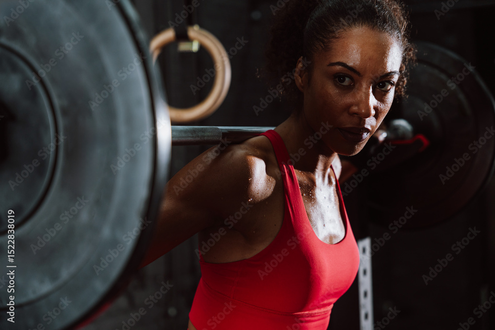 Fototapeta premium Fit young woman in red sport outfit making workout in the gym