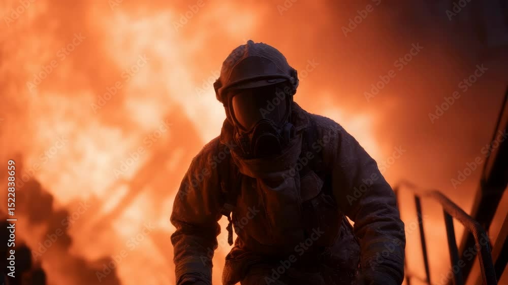 Firefighter battles inferno in burning building with protective gear and face mask Firefighter battles inferno in burning building with protective gear and face mask