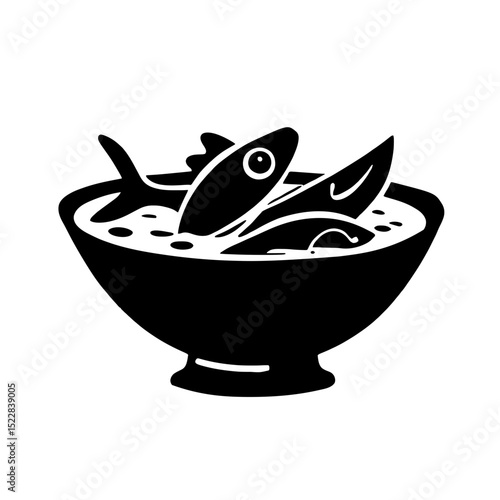 Minimalist black silhouette of a bowl of bouillabaisse with seafood on white background